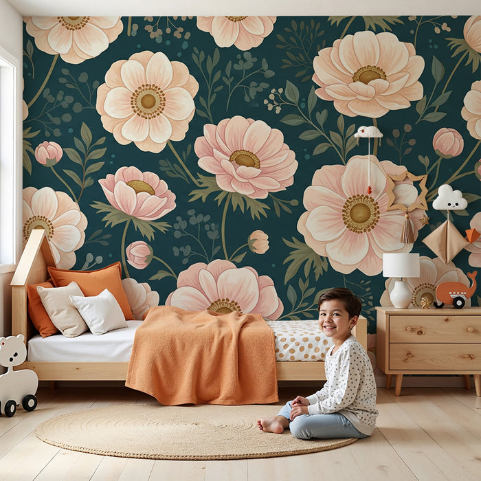 Barntapet | Delikata blommor på mörkblå bakgrund