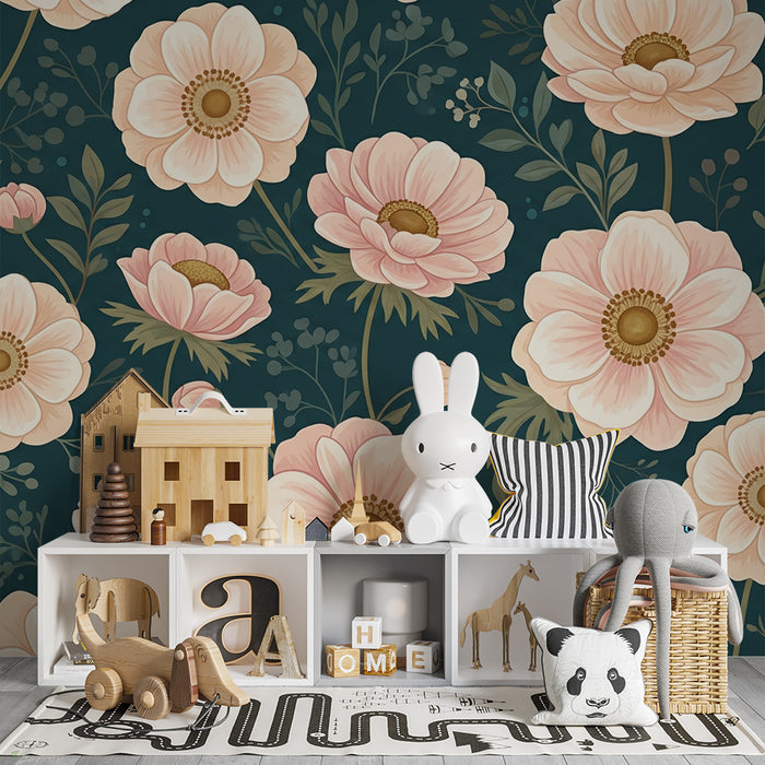 Barntapet | Delikata blommor på mörkblå bakgrund