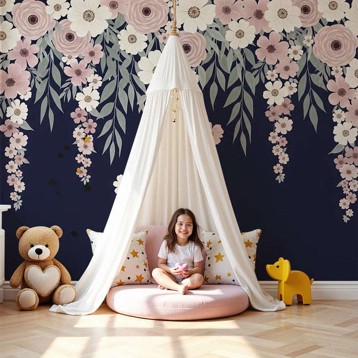Papier peint chambre bébé | Fleurs délicates sur fond bleu nuit