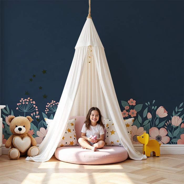 Papier peint chambre bébé | Fleurs délicates sur fond bleu nuit