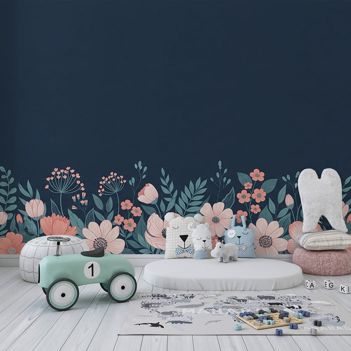 Papier peint chambre bébé | Fleurs délicates sur fond bleu nuit
