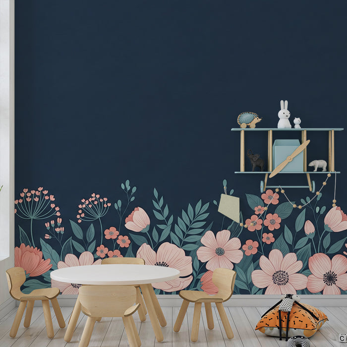 Papier peint chambre bébé | Fleurs délicates sur fond bleu nuit