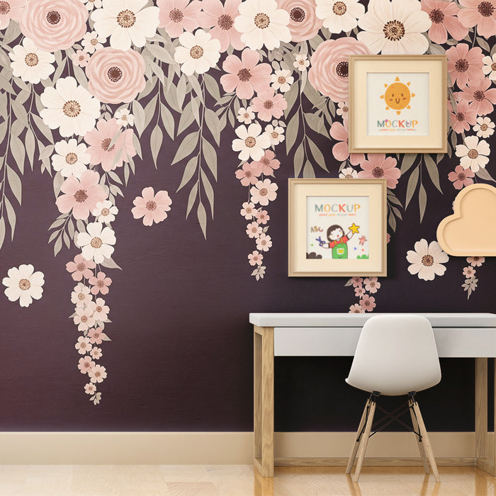 Papier peint chambre bébé | Fleurs délicates sur fond bleu nuit