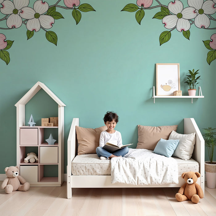 Papel de parede para quarto de bebé | Flores delicadas sobre fundo azul pastel