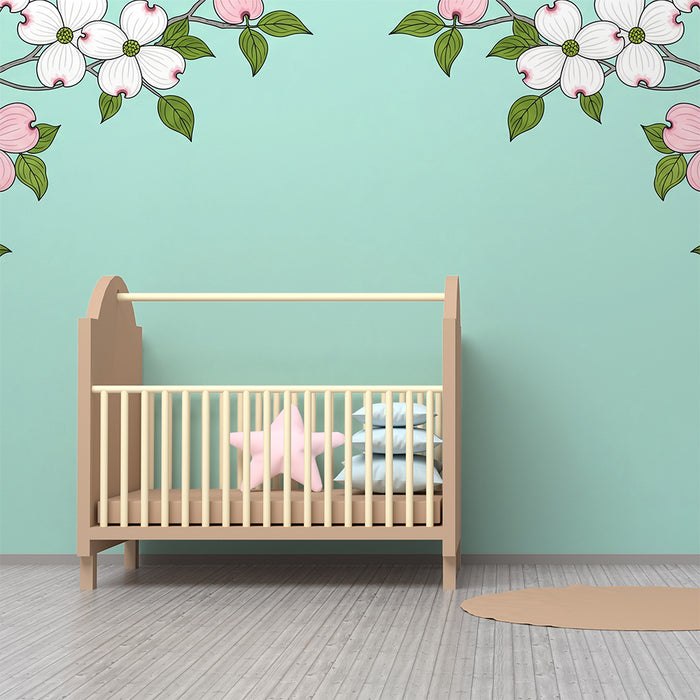 Papel de parede para quarto de bebé | Flores delicadas sobre fundo azul pastel