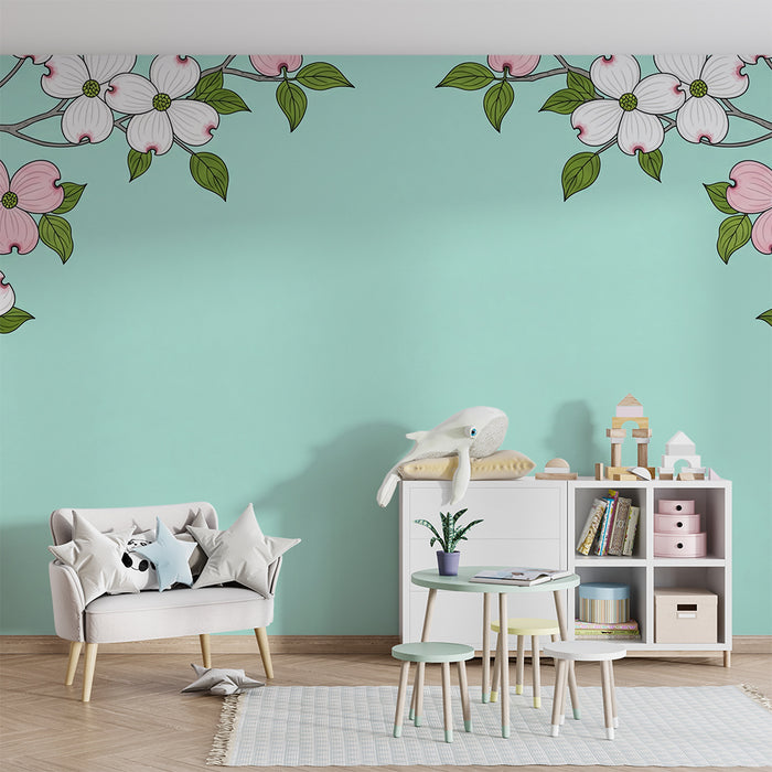 Papel de parede para quarto de bebé | Flores delicadas sobre fundo azul pastel