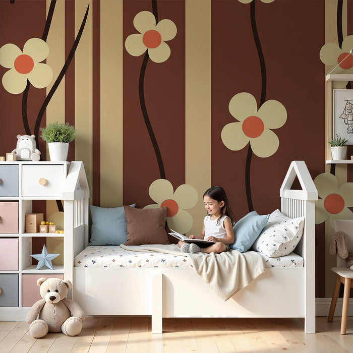 Papier peint chambre bébé | Fleurs délicates sur fond brun avec rayures