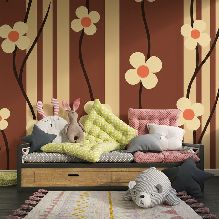 Papier peint chambre bébé | Fleurs délicates sur fond brun avec rayures