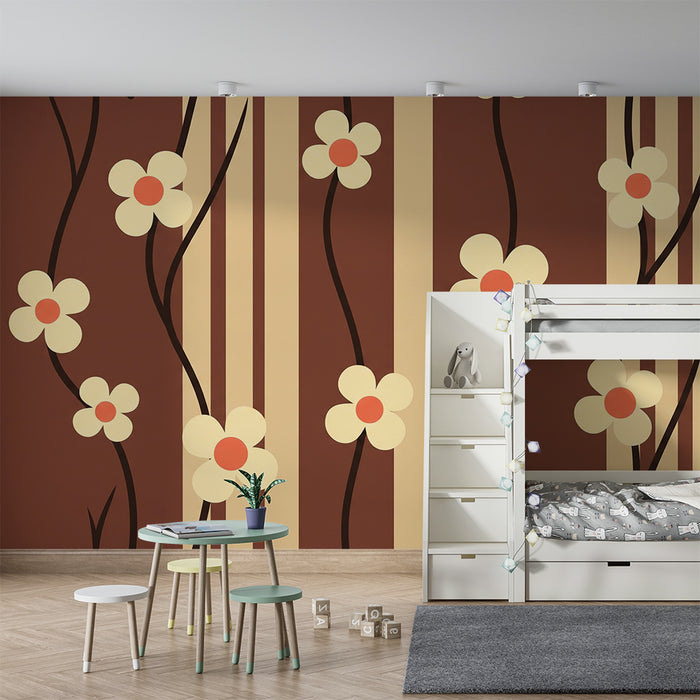 Papier peint chambre bébé | Fleurs délicates sur fond brun avec rayures