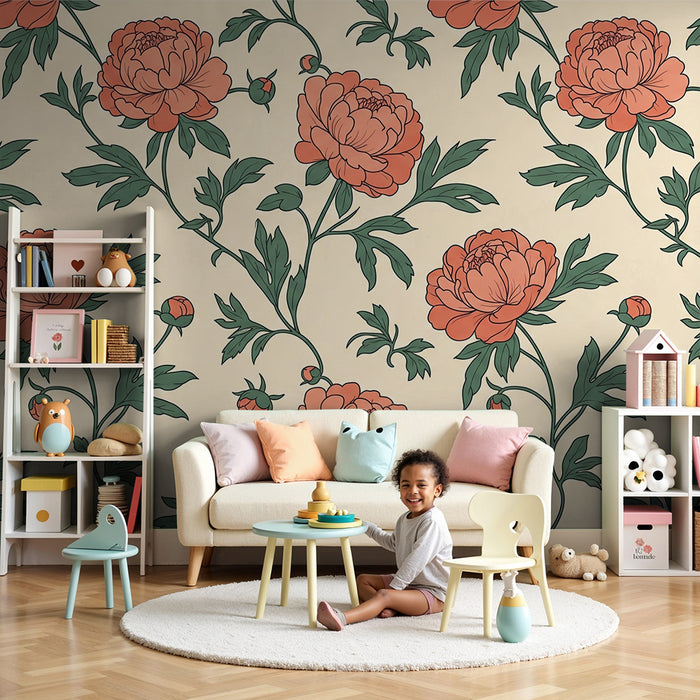 Tapet pentru camera copilului | Flori delicate pe fond crem