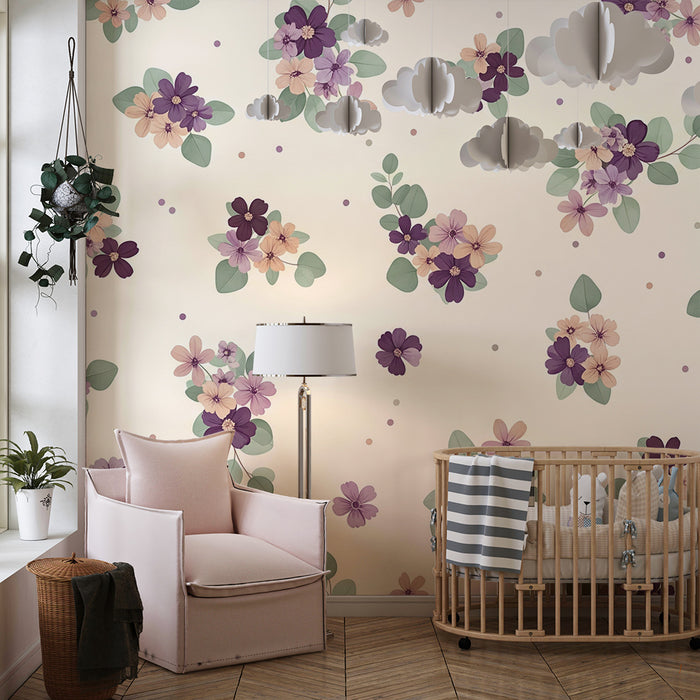 Nursery room wallpaper | Delicate flowers on a cream background with soft foliage