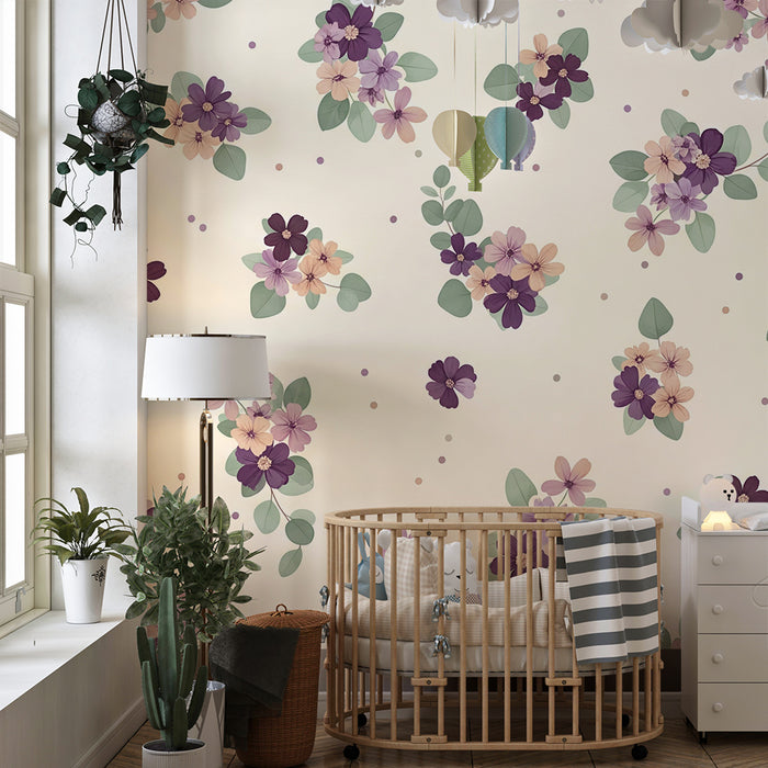 Nursery room wallpaper | Delicate flowers on a cream background with soft foliage