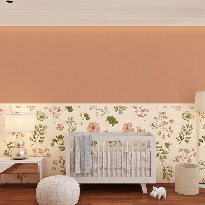 Babyværelses tapet | Blomster på creme og terrakotta bund