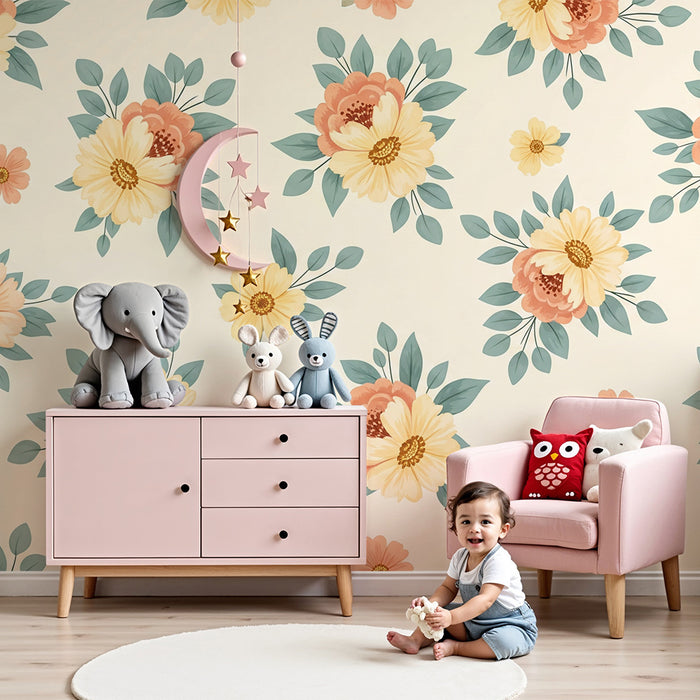 Nursery room wallpaper | Delicate flowers on a cream background for a soft atmosphere