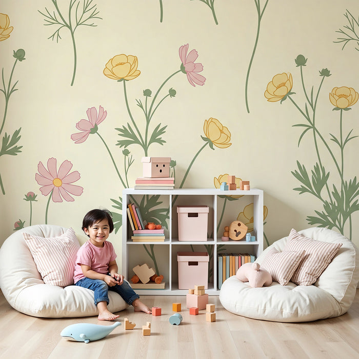 Babykamer behang | Delicate bloemen op een crèmekleurige achtergrond voor een zachte sfeer