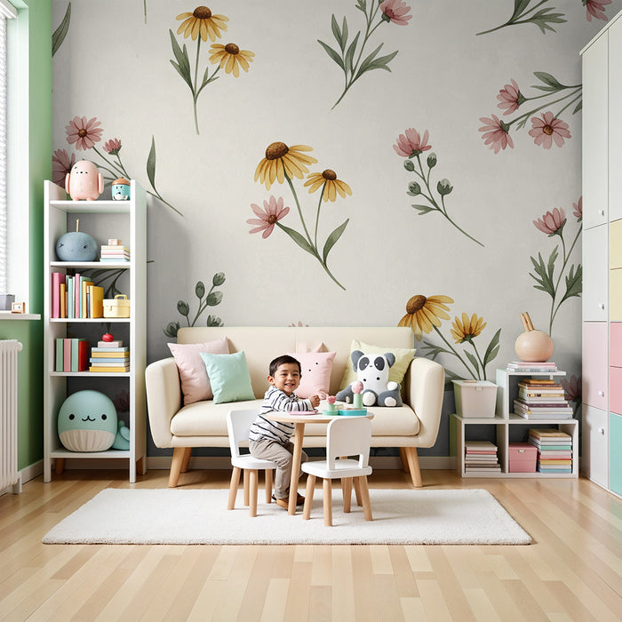 Barntapet | Delikata blommor på krämig bakgrund för en mjuk atmosfär