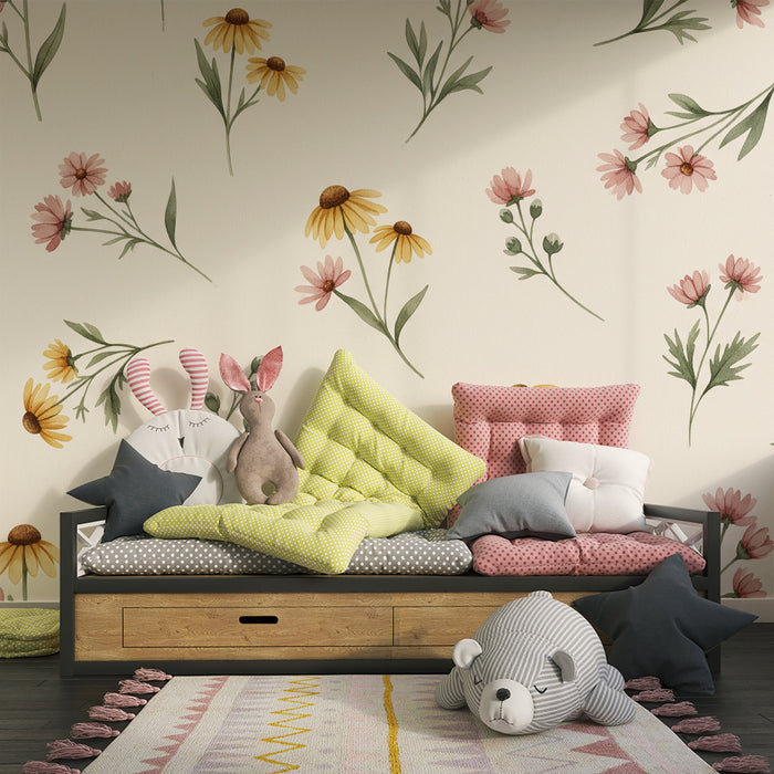 Barntapet | Delikata blommor på krämig bakgrund för en mjuk atmosfär