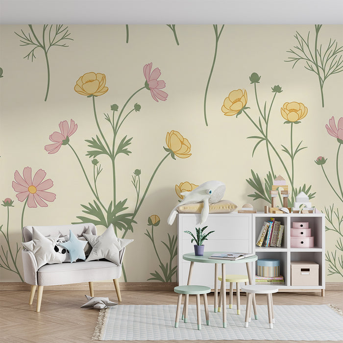 Babykamer behang | Delicate bloemen op een crèmekleurige achtergrond voor een zachte sfeer