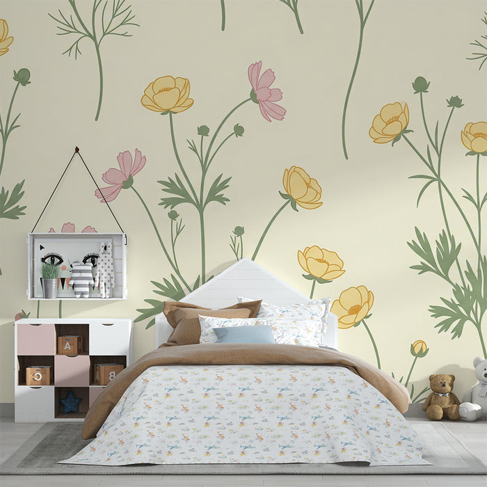 Babykamer behang | Delicate bloemen op een crèmekleurige achtergrond voor een zachte sfeer