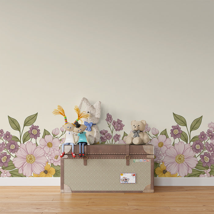 Papier peint chambre bébé | Fleurs délicates sur fond crème pour une ambiance douce