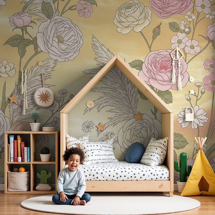 Papier peint chambre bébé | Fleurs délicates sur fond doré pour une ambiance douce