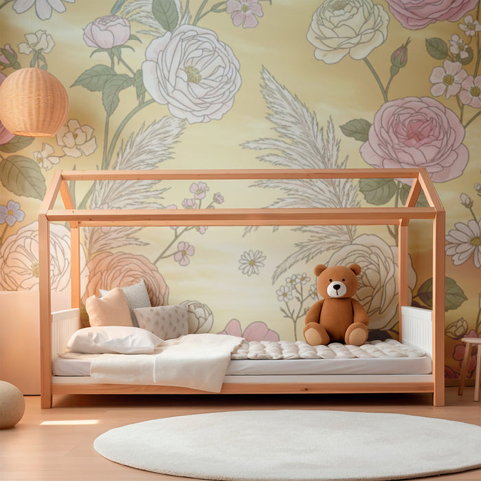 Papier peint chambre bébé | Fleurs délicates sur fond doré pour une ambiance douce