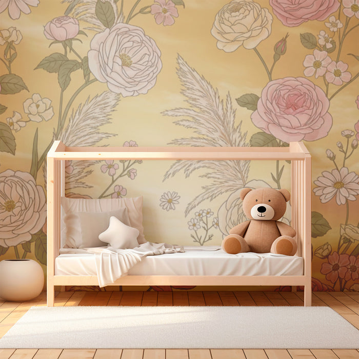 Papier peint chambre bébé | Fleurs délicates sur fond doré pour une ambiance douce