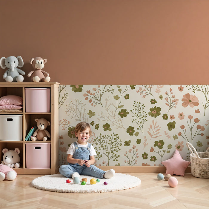 Børneværelses tapet | Sarte blomster på blød baggrund med terracotta nuancer