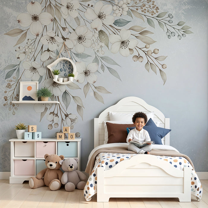 Babykamer behang | Delicate bloemen op rustgevende winterse achtergrond
