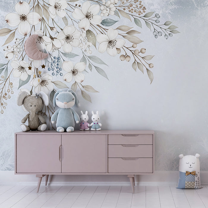 Babykamer behang | Delicate bloemen op rustgevende winterse achtergrond