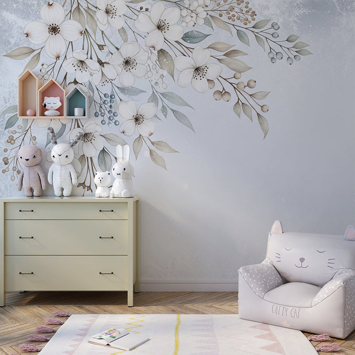 Babykamer behang | Delicate bloemen op rustgevende winterse achtergrond