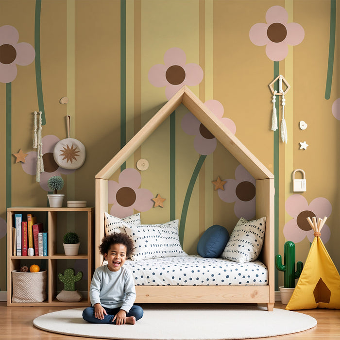 Papier peint chambre bébé | Fleurs délicates sur fond jaune avec rayures