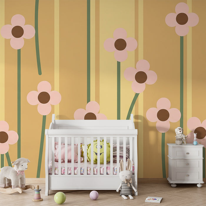 Papier peint chambre bébé | Fleurs délicates sur fond jaune avec rayures