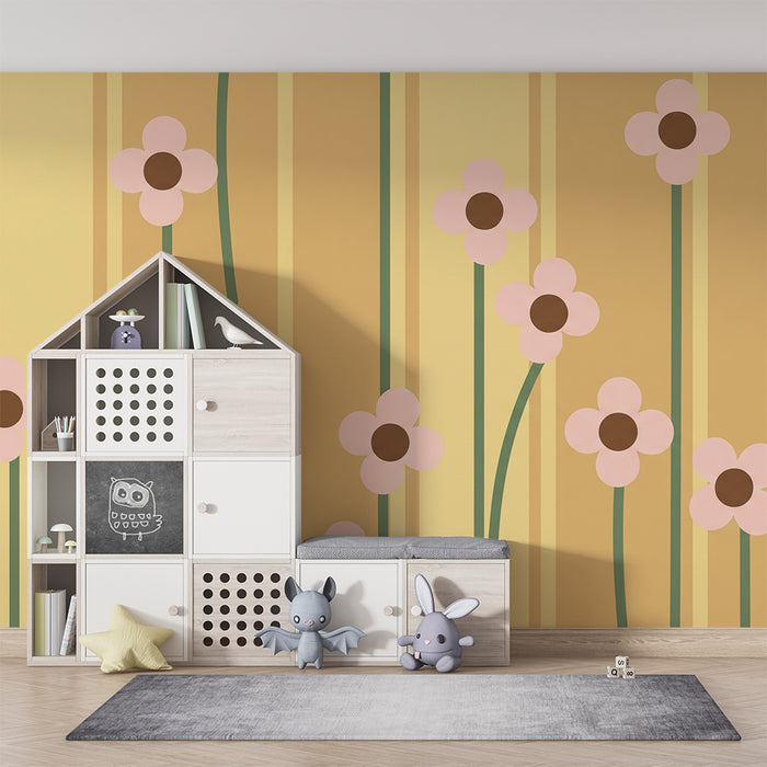 Papier peint chambre bébé | Fleurs délicates sur fond jaune avec rayures