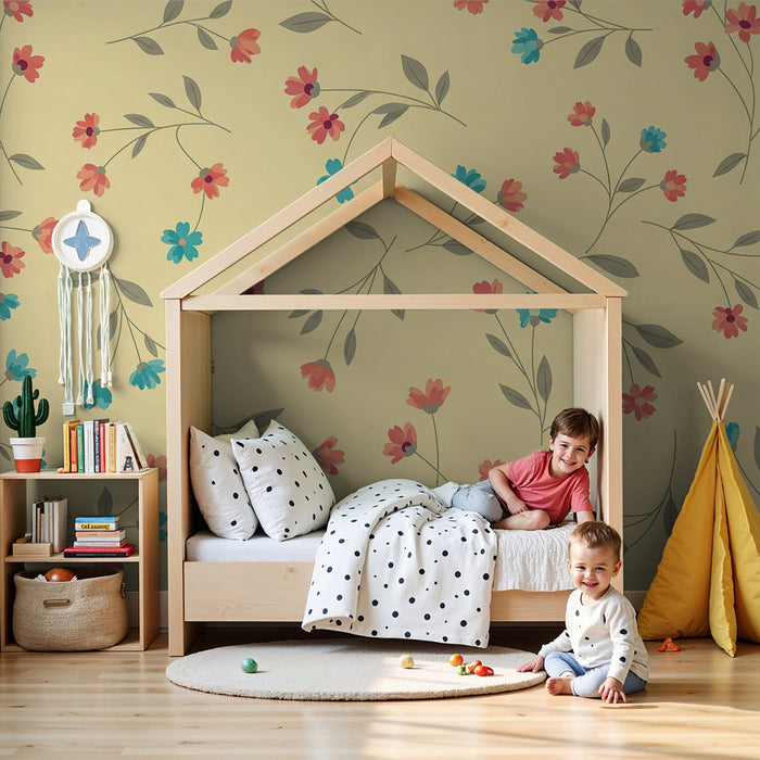 Tapet pentru camera copilului | Flori delicate pe fond galben delicat