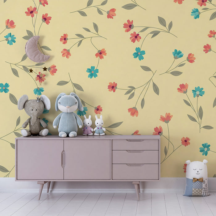 Tapet pentru camera copilului | Flori delicate pe fond galben delicat