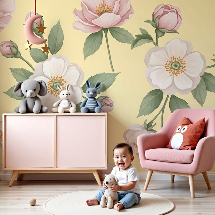 Barntapet | Delikata blommor på ljusgul bakgrund