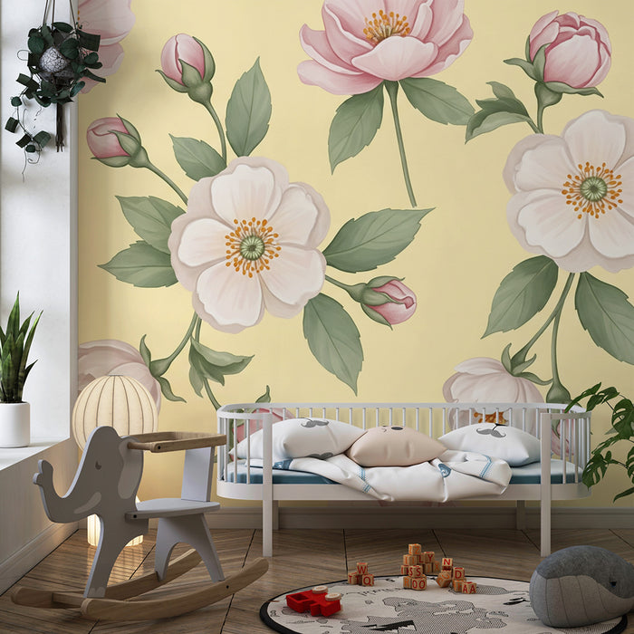 Barntapet | Delikata blommor på ljusgul bakgrund
