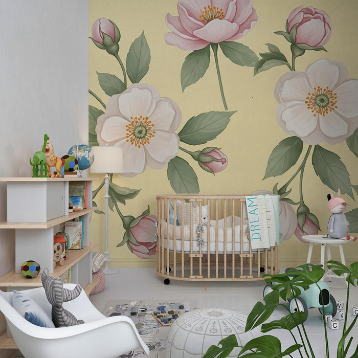 Barntapet | Delikata blommor på ljusgul bakgrund