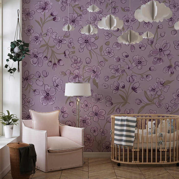Tapete za dječju sobu | Nježno cvijeće na lila podlozi