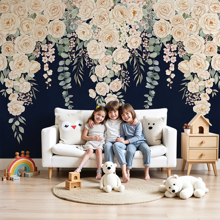 Babykamer behang | Delicate bloemen op een marine achtergrond voor een zachte sfeer