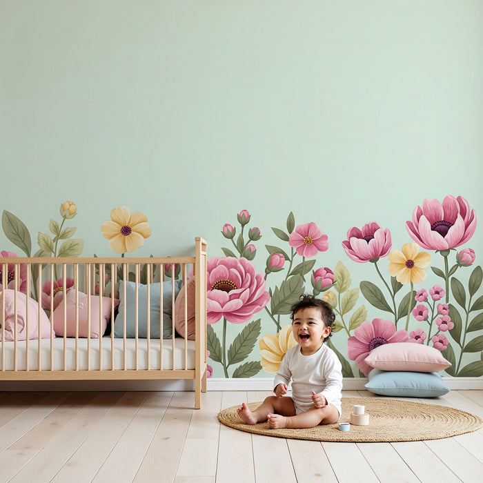 Papier peint chambre bébé | Fleurs délicates sur fond mint