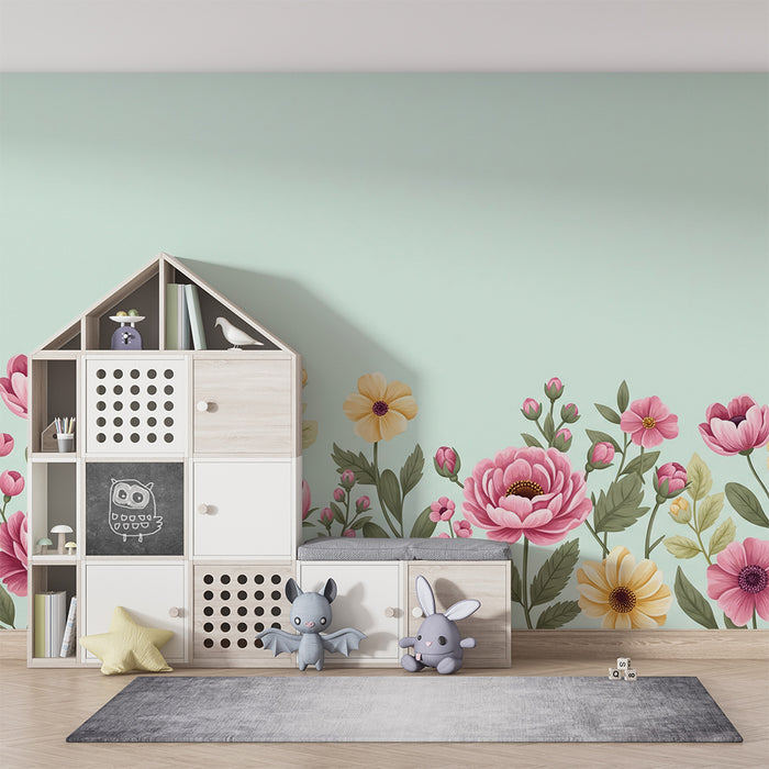 Papier peint chambre bébé | Fleurs délicates sur fond mint