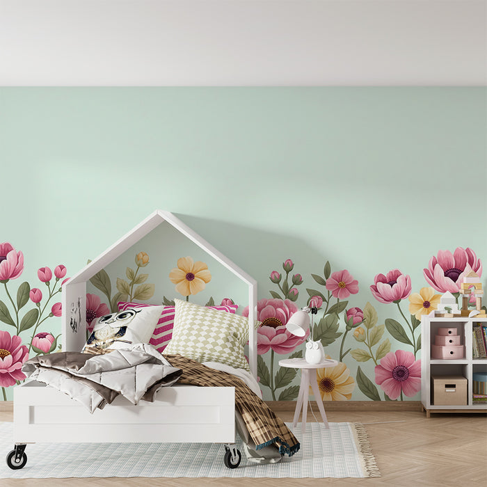 Papier peint chambre bébé | Fleurs délicates sur fond mint