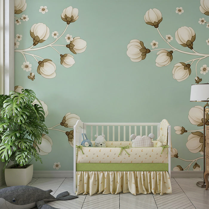 Nursery wallpaper | Delicate flowers on a mint background