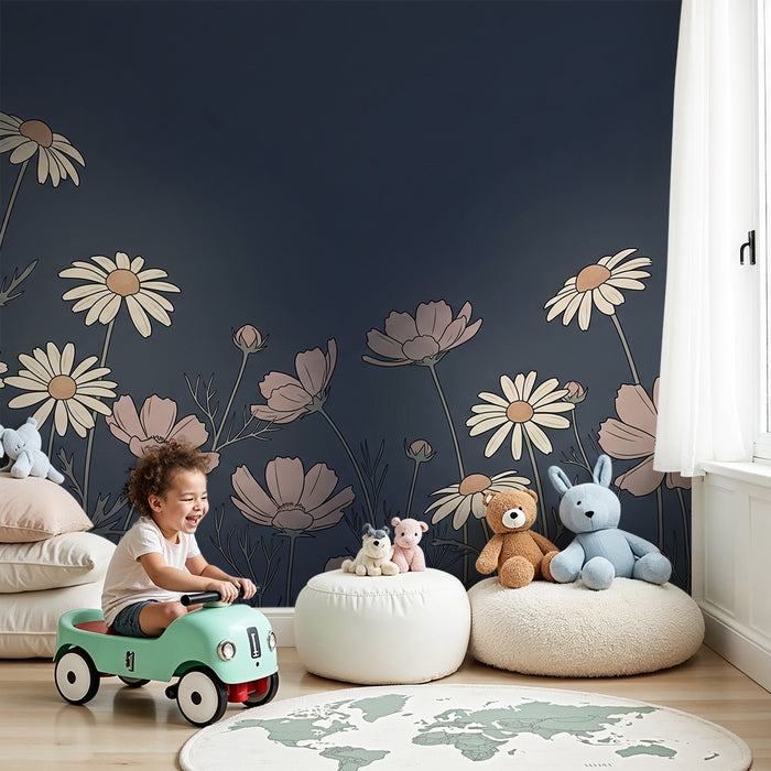 Tapeta dětského pokoje | Jemné květiny na hvězdné noční pozadí