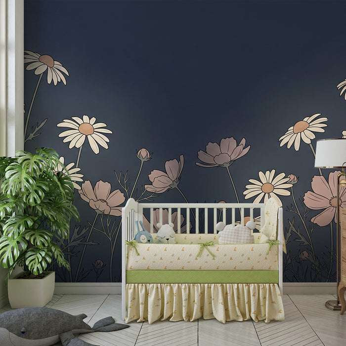 Tapeta dětského pokoje | Jemné květiny na hvězdné noční pozadí