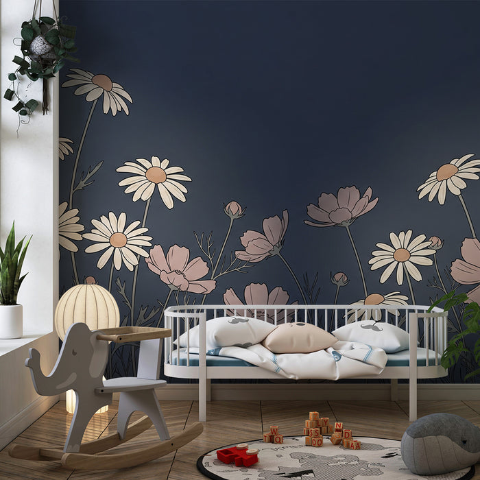 Tapeta dětského pokoje | Jemné květiny na hvězdné noční pozadí