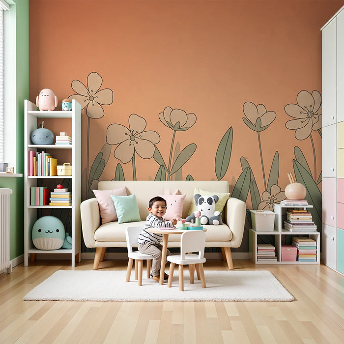 Papier peint chambre bébé | Fleurs délicates sur fond orange