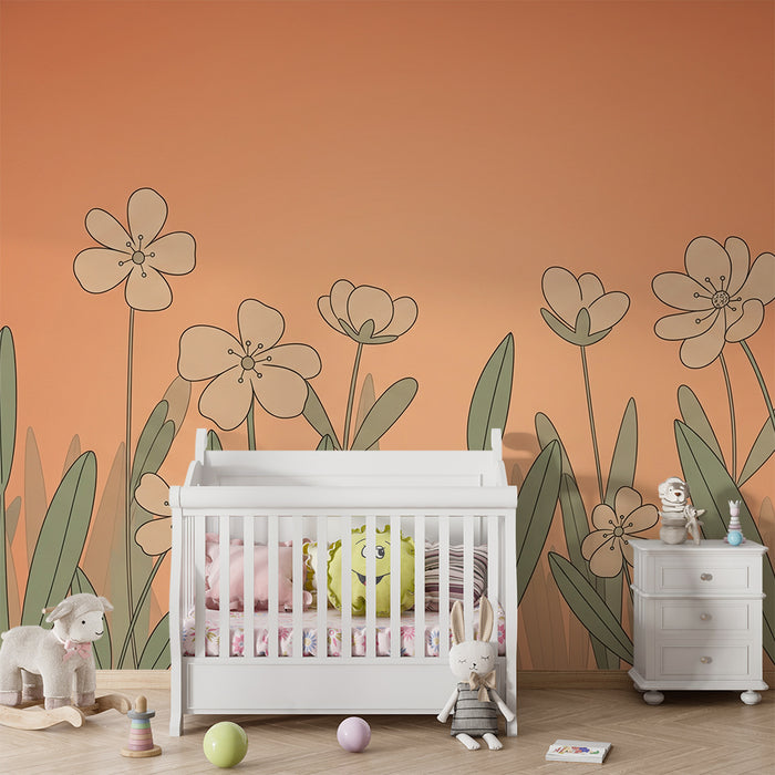 Papier peint chambre bébé | Fleurs délicates sur fond orange